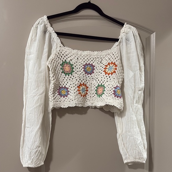 Aerie Granny Crochet Floral Crop Top, size S, boho cottage core white cotton - Picture 2 of 8
